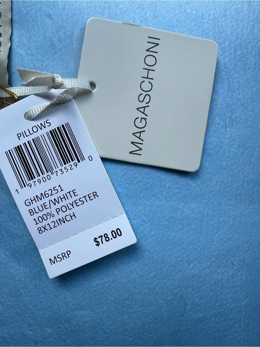 NWT Magaschoni Blue and White Gingham 'Sweet Dreams' Lace-Trim Pillow